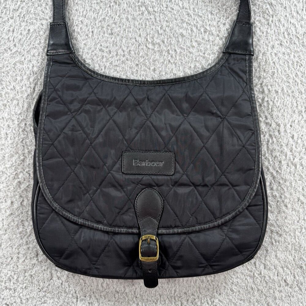 Barbour Quilted Nylon Leather Shoulder Bag Purse Black Adustable Strap